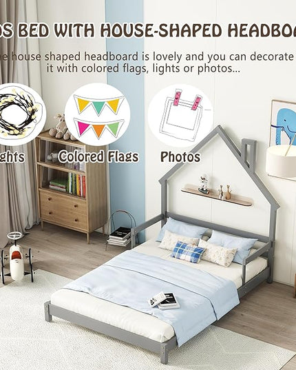Bellemave Full Size Bed Frame for Kids,Low Platform Bed with House-Shaped Headboard and Handrails,Full Bed for Girls,No Box Spring Needed(Grey) - LeafyLoom