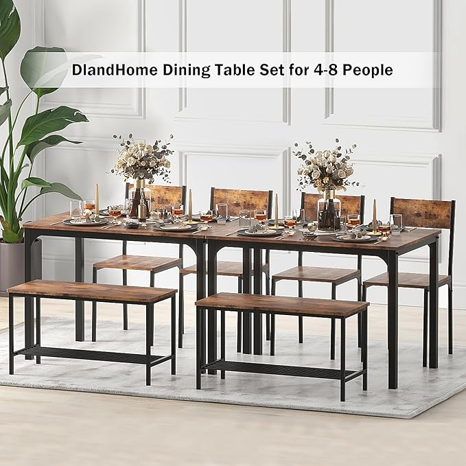 DlandHome Dining Table with 2 Chairs and 1 Bench Dining Room Sets Dining Table and Chairs Set,Rectangular Space-Saving Dinner Table with Two Benches for Kitchen,Retro - LeafyLoom