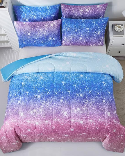 Rainbow Glitter Comforter Set Twin Size for Girls, Sparkle Galaxy Twinkle Starlight Comforter for Kids,2 Piece Aqua Blue Purple Pink Ombre Pastel Bedding Set with 1 Pillow Case(Rainbow,Twin) - LeafyLoom