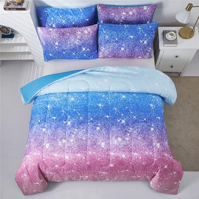 Rainbow Glitter Comforter Set Twin Size for Girls, Sparkle Galaxy Twinkle Starlight Comforter for Kids,2 Piece Aqua Blue Purple Pink Ombre Pastel Bedding Set with 1 Pillow Case(Rainbow,Twin) - LeafyLoom