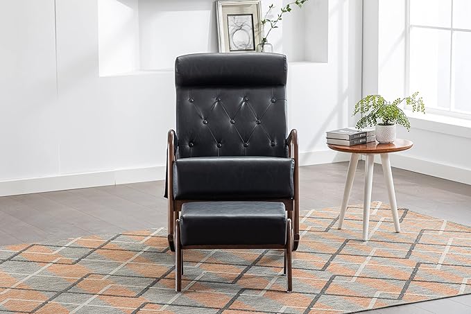 Armchair with Ottoman, Mid-Century Upholstered Accent Nursery, Glider Rocker Thick Cushion, Comfy Indoor Leisure Lounge Living Room, Bedroom, Office, Rocking Chair, Black - LeafyLoom