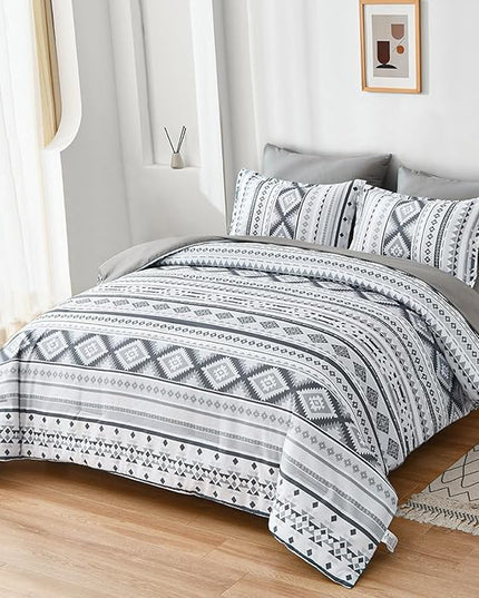 Dinjoy Boho King Size Bed in A Bag 7 Pieces,Grey Aztec Comforter Set Striped Bedding Set Bohemian Patchwork Complete Set Geometric Pattern Gray Comforters for Women Men 90"×104" - LeafyLoom