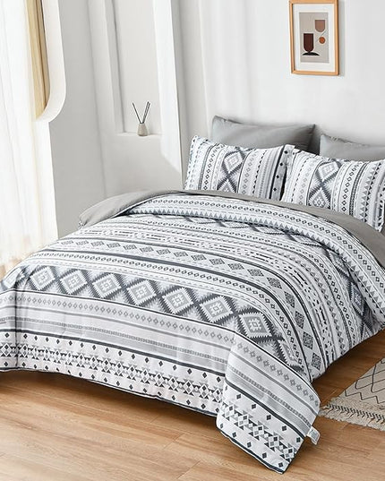 Dinjoy Grey Boho Comforter Set Queen Size,7 Pieces Bed in a Bag Queen Light Gray Aztec Bedding Sets with Sheets Bohemian Geometric Striped Complete Set for All Seasons 90"x90" - LeafyLoom