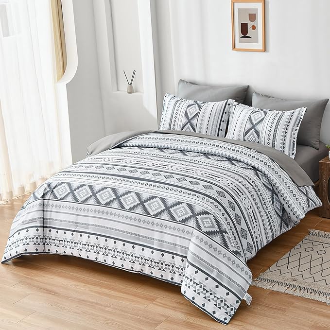 Dinjoy Grey Boho Comforter Set Queen Size,7 Pieces Bed in a Bag Queen Light Gray Aztec Bedding Sets with Sheets Bohemian Geometric Striped Complete Set for All Seasons 90"x90" - LeafyLoom