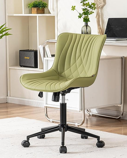 YOUNIKE Office Chair, Armless Desk Chair with Wheels, Home Office Computer Task Chairs, Modern Faux Leather Padded Vanity Chair, Adjustable Swivel Rolling Chairs with Back, Avocado Green - LeafyLoom