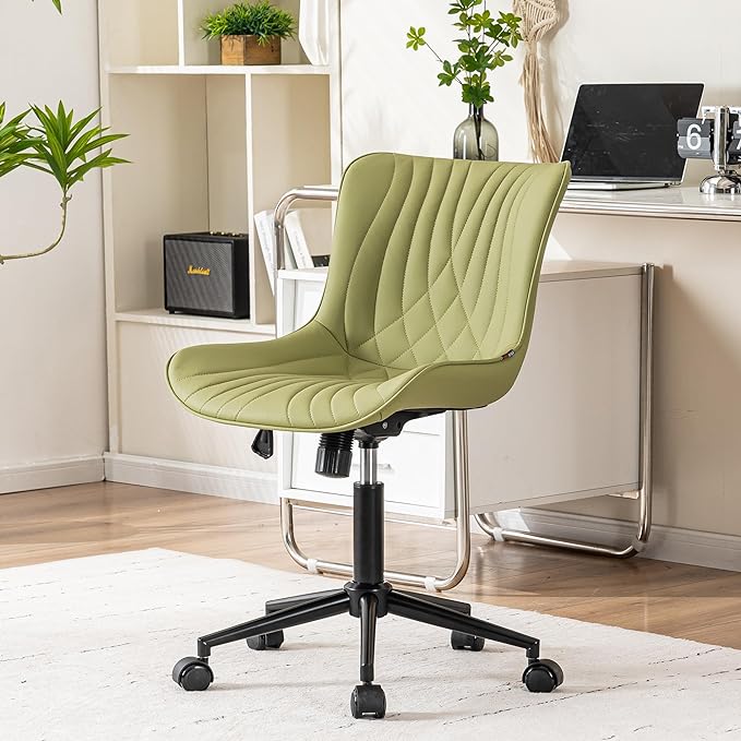 YOUNIKE Office Chair, Armless Desk Chair with Wheels, Home Office Computer Task Chairs, Modern Faux Leather Padded Vanity Chair, Adjustable Swivel Rolling Chairs with Back, Avocado Green - LeafyLoom