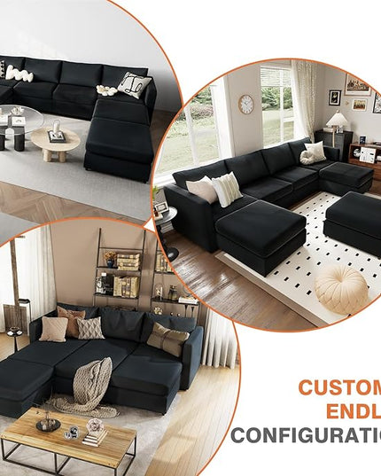 Sweetcrispy Convertible Modular Sectional Sofa, 7 Seat Sectional Couches for Living Room, U-Shaped Modern Fabric Modular Sofa Sleeper with Double Chaise for Home, Apartment, Dorm, Dark Grey - LeafyLoom