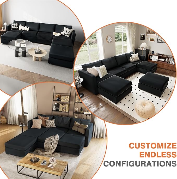 Sweetcrispy Convertible Modular Sectional Sofa, 7 Seat Sectional Couches for Living Room, U-Shaped Modern Fabric Modular Sofa Sleeper with Double Chaise for Home, Apartment, Dorm, Dark Grey - LeafyLoom