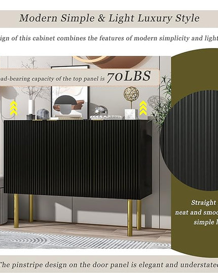 Modern Simple Sideboard with Particle Board & MDF,Luxury Style Buffet Cabinet,W/Gold Metal Legs and Handles,Adjustable Shelves,for Kitchen,Dining Room,Black, 47.2" - LeafyLoom