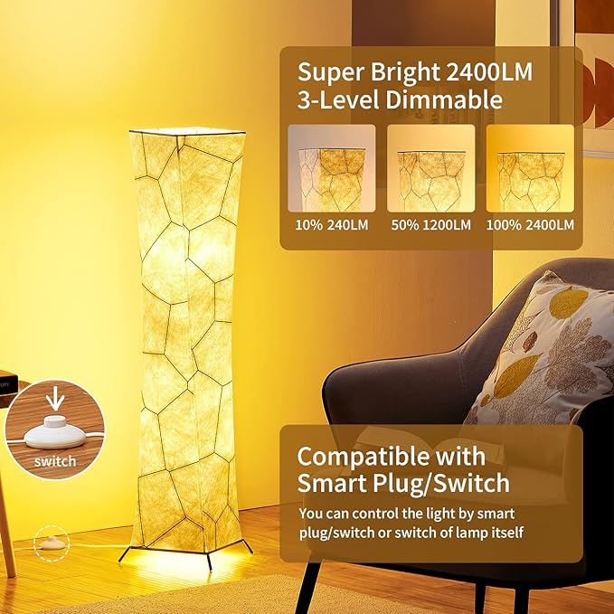 chiphy Floor Lamp, 39" Tall Standing Lamp, 3 Levels Adjustable Brightness LED Bulbs, Column Floor Light, Marble Gradient Fabric Lampshade, Home Decor for Living Room, Bedroom, Kids Room - LeafyLoom