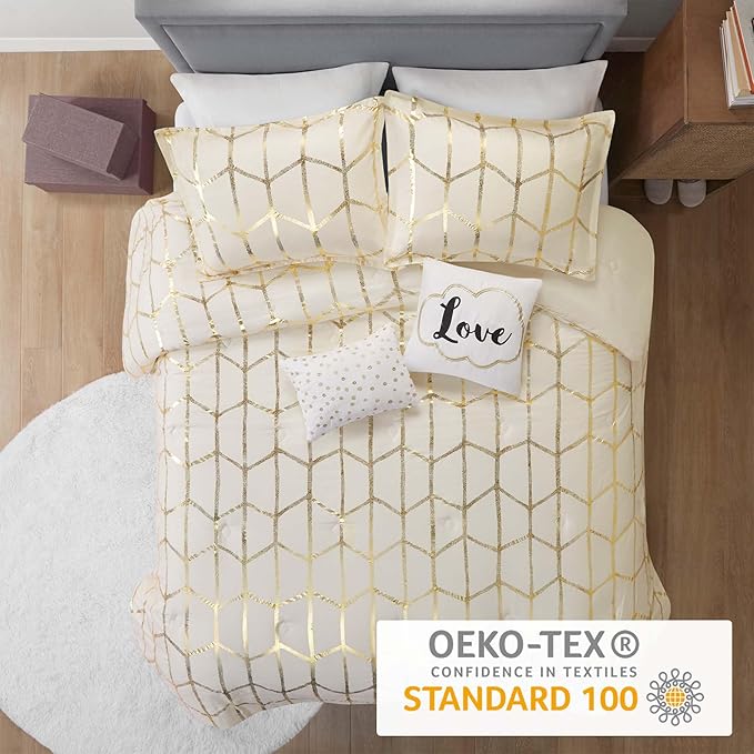 Intelligent Design Raina Twin / Twin XL Comforter Set, Soft Microfiber Comforter Set Twin, Modern Geometric Metallic Bed Set, 4 Pieces College Bedding Comforter Set with 1 Sham, 2 Toss Pillows Ivory - LeafyLoom