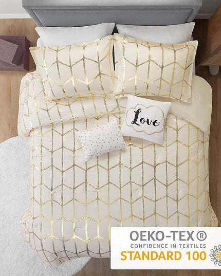 Intelligent Design Raina Full / Queen Comforter Set, Soft Microfiber Comforter Set Queen, Modern Geometric Metallic Bed Set, 5 Pieces College Bedding Comforter Set with 2 Shams, 2 Toss Pillows Ivory - LeafyLoom