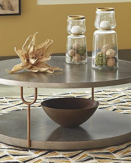 Signature Design by Ashley Ranoka Contemporary Round 42" Coffee Table, Metallic & Goldtone Finish - LeafyLoom