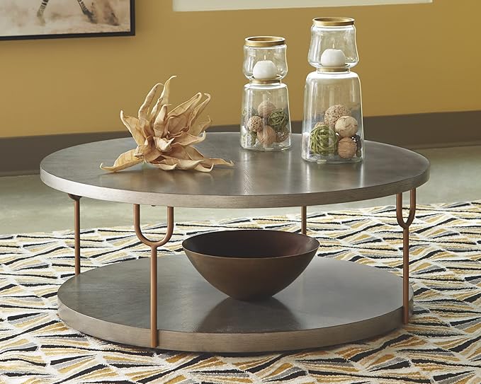 Signature Design by Ashley Ranoka Contemporary Round 42" Coffee Table, Metallic & Goldtone Finish - LeafyLoom