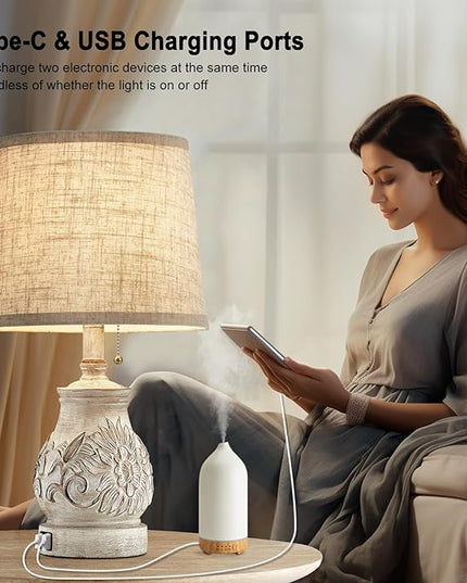 19.5'' Farmhouse Table Lamps for Bedrooms Set of 2 Vintage Bedside Lamps for Nightstand with USB Charging Ports Traditional Rusic Side Table Lamps for Living Room Wooden Carved Floral, Pull Chain - LeafyLoom