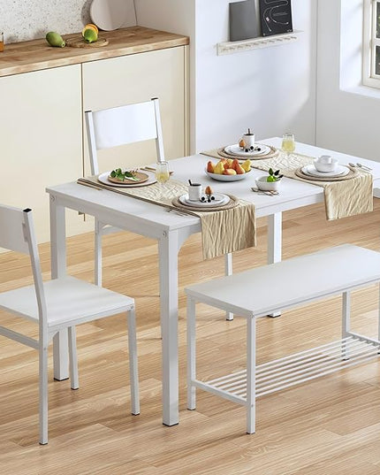sogesfurniture 4-Piece Dining Table Set with 1 Bench and 2 Chairs, Kitchen Bench Table Set for 4, Wooden Kitchen Table and Chairs for Limited Space,White - LeafyLoom