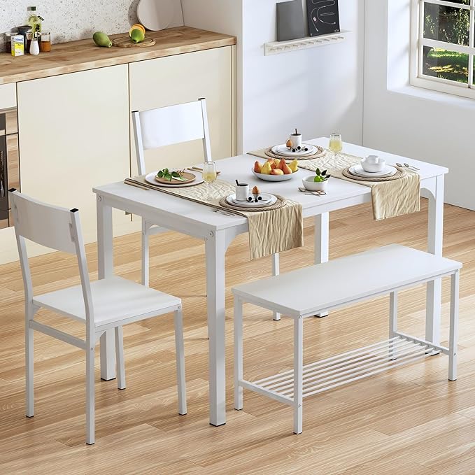 sogesfurniture 4-Piece Dining Table Set with 1 Bench and 2 Chairs, Kitchen Bench Table Set for 4, Wooden Kitchen Table and Chairs for Limited Space,White - LeafyLoom