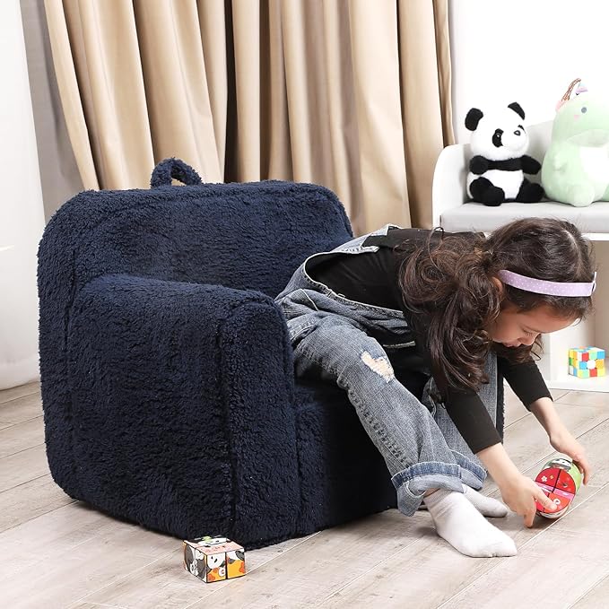 Kids Snuggly-Soft Sherpa Chair, Cuddly Toddler Foam Chair for Boys and Girls, Dark Blue - LeafyLoom