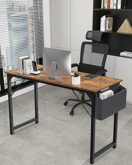 JHK Computer Desk Office 63 Inch Writing Work Kids Study Simple Wooden Table for Home Bedroom Modern Style with Headphone Hooks & Storage Bag, Rustic Brown - LeafyLoom