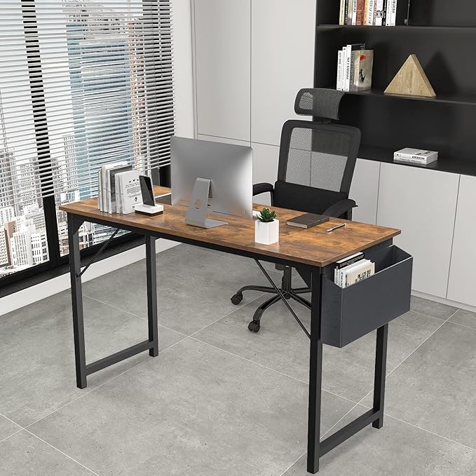 JHK Computer Desk Office 63 Inch Writing Work Kids Study Simple Wooden Table for Home Bedroom Modern Style with Headphone Hooks & Storage Bag, Rustic Brown - LeafyLoom