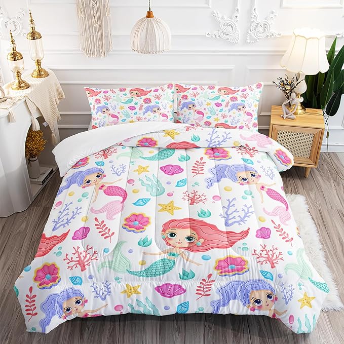 Mermaid Comforter Set Queen Size Fairy Tale Sea Shell Grass Bedding Set Starfish Quilt Bed Set for Kid Girls with 1 Comforter and 2 Pillowcases - LeafyLoom