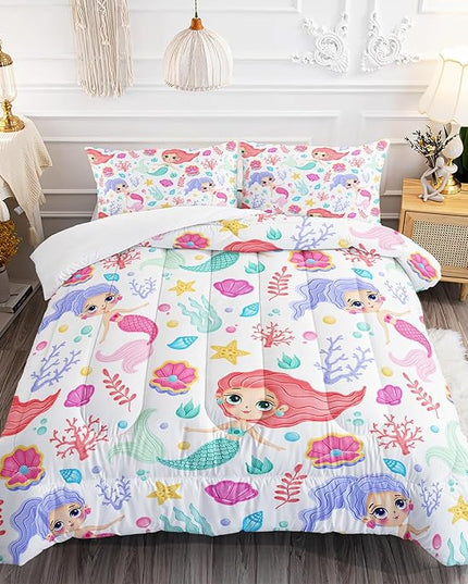Mermaid Comforter Set Twin Size Fairy Tale Sea Shell Grass Bedding Set Starfish Quilt Bed Set for Kid Girls with 1 Comforter and 2 Pillowcases - LeafyLoom