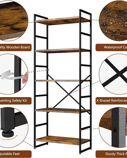 Shintenchi Bookshelf, 5 Tier Bookshelf, Tall Bookcase Shelf for CDs/Movies/Books, Home Office Bookcase Shelf Storage Organizer, Modern Book Shelf for Bedroom/Living Room/Home Office, Rustic Brown - LeafyLoom