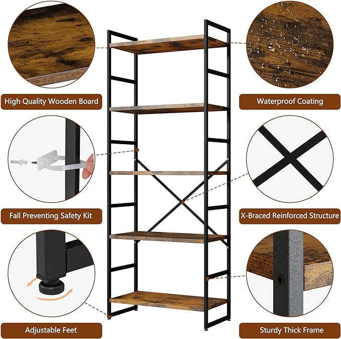 Shintenchi Bookshelf, 5 Tier Bookshelf, Tall Bookcase Shelf for CDs/Movies/Books, Home Office Bookcase Shelf Storage Organizer, Modern Book Shelf for Bedroom/Living Room/Home Office, Rustic Brown - LeafyLoom