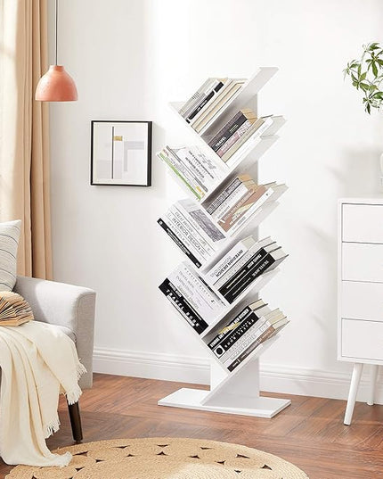 VASAGLE Tree Bookshelf, 9-Tier Bookcase, Large Bookshelf, Space-Saving Corner Shelf, Book Tree, Holds Books, CDs, Games, for Bedroom, Living Room, Home Office, Cloud White ULBC11WTV1 - LeafyLoom