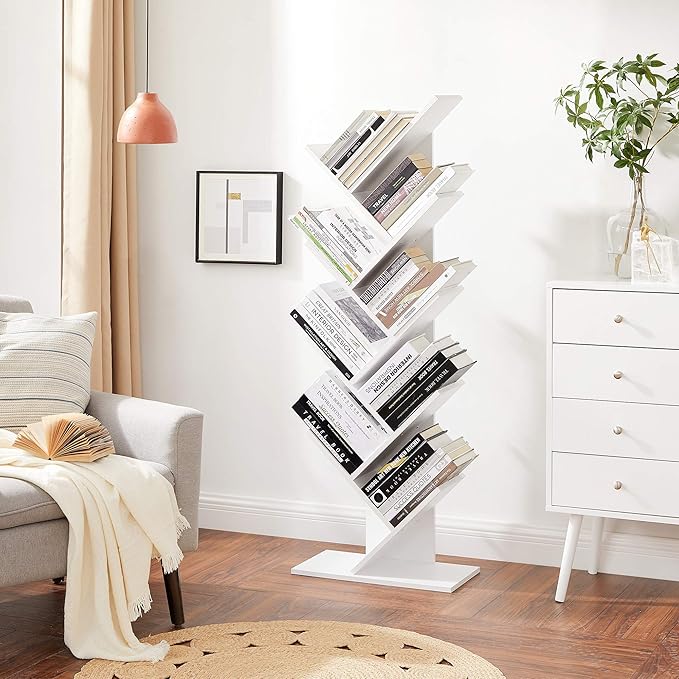 VASAGLE Tree Bookshelf, 9-Tier Bookcase, Large Bookshelf, Space-Saving Corner Shelf, Book Tree, Holds Books, CDs, Games, for Bedroom, Living Room, Home Office, Cloud White ULBC11WTV1 - LeafyLoom
