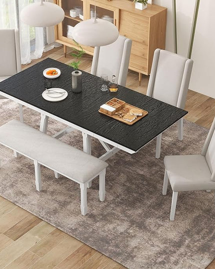 Classic Dining Table Set for 6 with 78" Extendable Rectangular Tabletop with Two 12" W Removable Leaves and 4 Upholstered Chairs & 1 Bench for Kitchen Living Room, White+Black - LeafyLoom