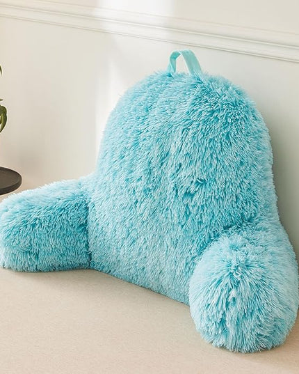 XeGe Faux Fur Reading Pillow Cover (No Filler), Fluffy Back Rest Pillow Case for Bed Sitting Up, Adults Kids Gaming Shaggy Sit Up Back Support Pillow Cover with Arms for Couch Chair Car, Aqua Ombre - LeafyLoom