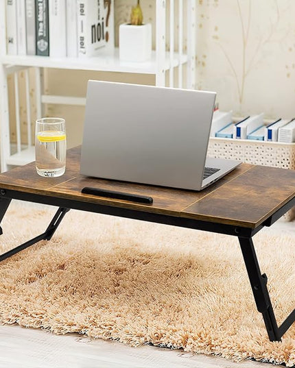 Bamboo Laptop Desk Bed Tray Table Adjustable Table for Computer Tilting Top Foldable Leg with Drawer - LeafyLoom
