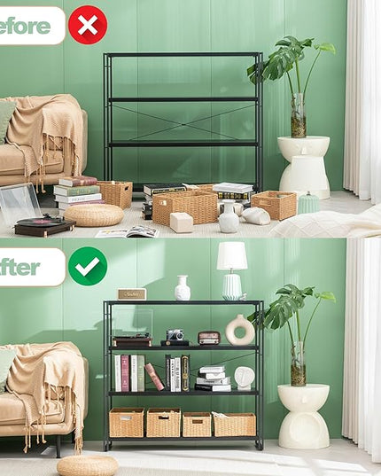 HCHQHS Bookshelf, 4-Tier Industrial Bookcase, Black Open Book Shelf, Freestanding Tall Bookshelves with Metal Frame - LeafyLoom