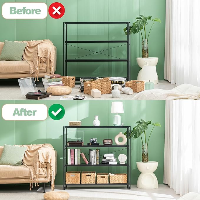 HCHQHS Bookshelf, 4-Tier Industrial Bookcase, Black Open Book Shelf, Freestanding Tall Bookshelves with Metal Frame - LeafyLoom