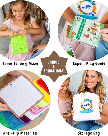 Sensory Mat Set - 9 Square 8.6-Inch Sensory Tiles for Sensory Wall, Floor & More - Mixed Colors & Textures Provide Fun Play-Based Learning for Kids Ages 3-8 - Includes Sensory Maze & Storage Bag - LeafyLoom