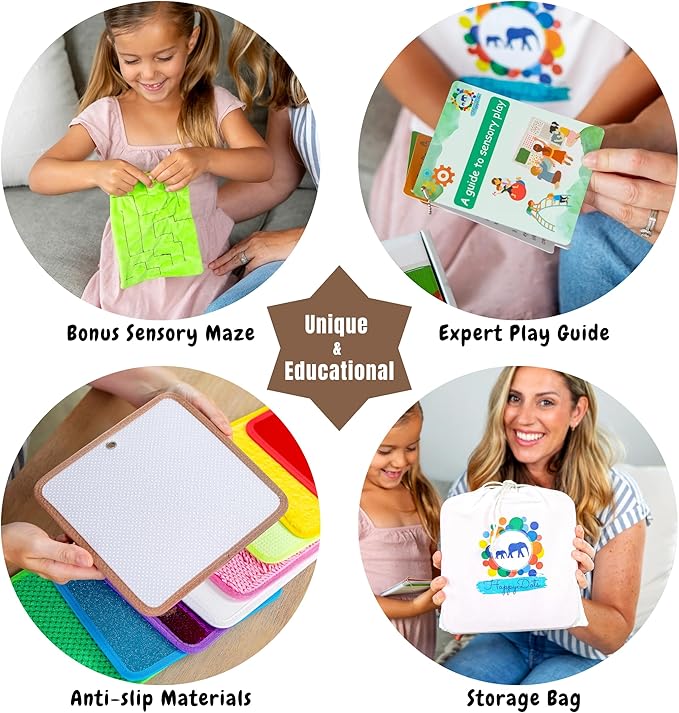 Sensory Mat Set - 9 Square 8.6-Inch Sensory Tiles for Sensory Wall, Floor & More - Mixed Colors & Textures Provide Fun Play-Based Learning for Kids Ages 3-8 - Includes Sensory Maze & Storage Bag - LeafyLoom