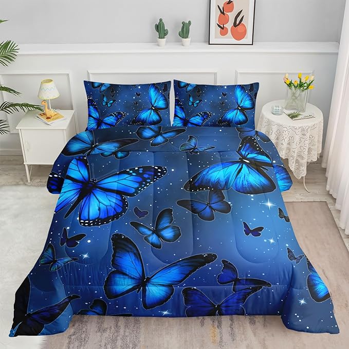 Datura home Blue Butterfly Comforter Set for Girls Women,Bright Blue Butterflies in Blue Sky with Stars Printed Bedding Set with 2 Pillowcases(Butterfly Blue Twin) - LeafyLoom
