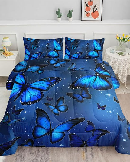 Datura home Blue Butterfly Comforter Set for Girls Women,Bright Blue Butterflies in Blue Sky with Stars Printed Bedding Set with 2 Pillowcases(Butterfly Blue Queen) - LeafyLoom