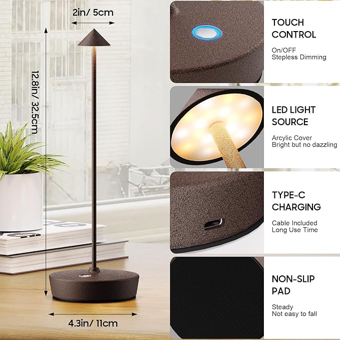 2Pack Cordless Table Lamp Rechargeable, Portable Outdoor LED Table Lamp Waterproof 6000mAh Battery Desk Lamp, 3 Color Stepless Dimming Table Light for Restaurant/Bedroom/Bar/Outdoor Party - LeafyLoom