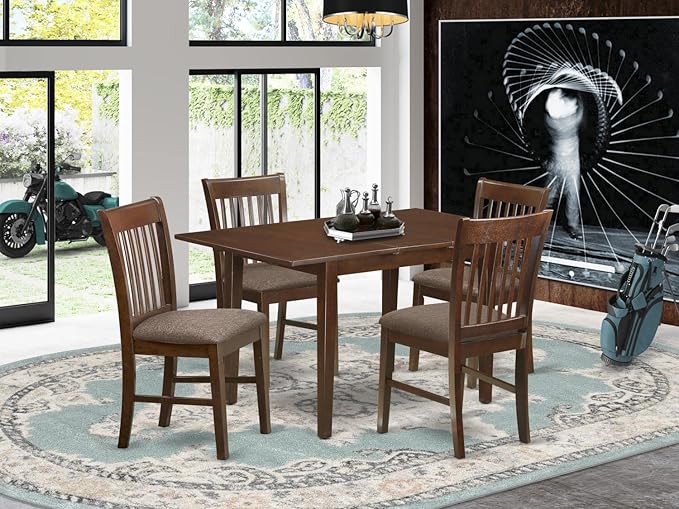 East West Furniture NOFK5-MAH-C 5 Piece Kitchen Set Includes a Rectangle Dining Room Table with Butterfly Leaf and 4 Linen Fabric Upholstered Chairs, 32x54 Inch - LeafyLoom