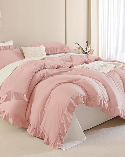 Andency Blush Pink Ruffle Comforter King, 3 Pieces All Season Farmhouse Shabby Chic Comforter, Vintage Rustic Soft Microfiber Down Alternative Bedding Comforter Set - LeafyLoom