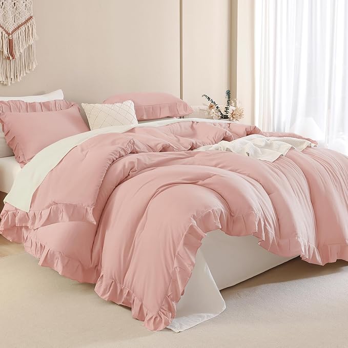 Andency Blush Pink Ruffle Comforter King, 3 Pieces All Season Farmhouse Shabby Chic Comforter, Vintage Rustic Soft Microfiber Down Alternative Bedding Comforter Set - LeafyLoom