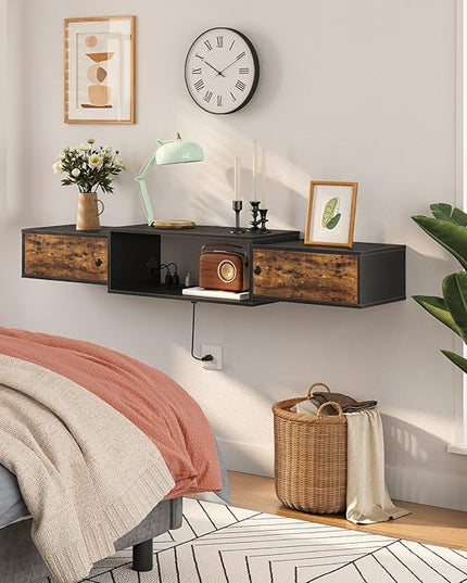 HOOBRO Floating TV Stand with Power Outlet 55", Modern Wall Mounted Media Console Shelf Cabinet for Under TV Storage, Entertainment Center, Living Room, Bedroom, Rustic Brown and Black BF11DS01 - LeafyLoom