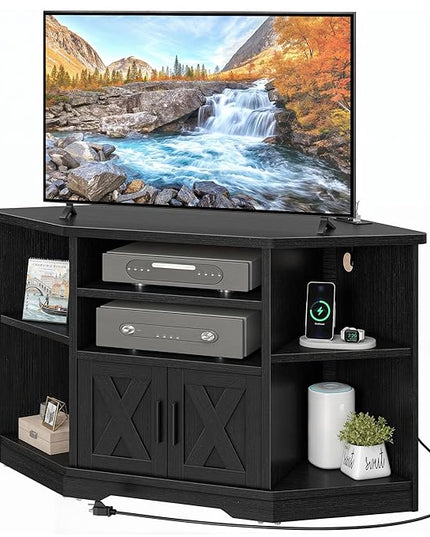 YITAHOME Corner TV Stand, Entertainment Center, Farmhouse TV Stand 55 inch TV w/Power Outlet, TV Stand for Living Room w/Adjustable Storage Shelf, Television Stands for Living Room, Black - LeafyLoom