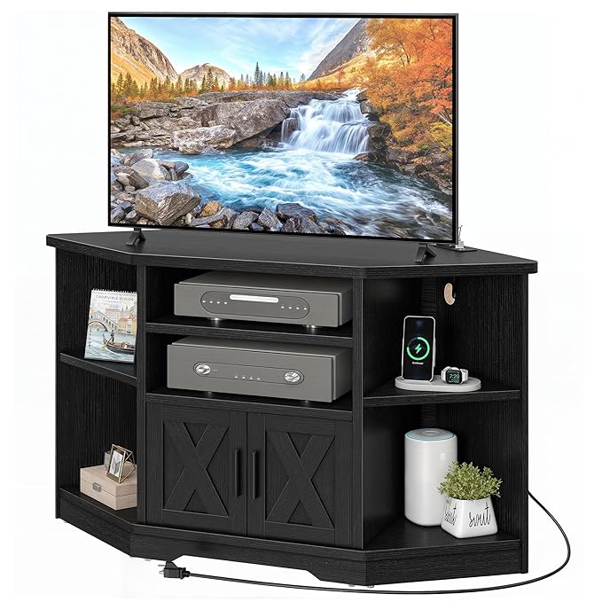 YITAHOME Corner TV Stand, Entertainment Center, Farmhouse TV Stand 55 inch TV w/Power Outlet, TV Stand for Living Room w/Adjustable Storage Shelf, Television Stands for Living Room, Black - LeafyLoom