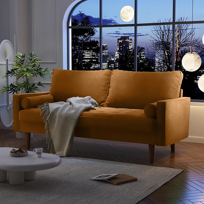 Velvet Furniture for Small Spaces, Mid-Century Modern Loveseats for Living Room, Love Seat Couch Sofas, 70 Inches, Ginger - LeafyLoom