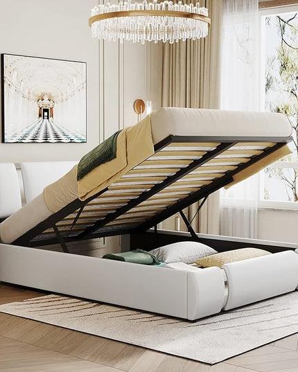 Modern Queen Size Upholstered Faux Leather Platform Bed with a Hydraulic Storage System, Metal Strips Headboard and Footboard, No Box Spring Needed, Sturdy Slat Support, Easy to Assemble - LeafyLoom