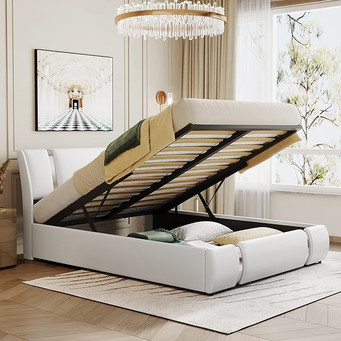Modern Queen Size Upholstered Faux Leather Platform Bed with a Hydraulic Storage System, Metal Strips Headboard and Footboard, No Box Spring Needed, Sturdy Slat Support, Easy to Assemble - LeafyLoom