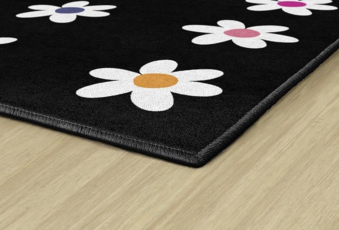 Flagship Carpets Schoolgirl Style Daisies on Black Criss-Cross Applesauce Educational Area Rug for Kids Room, Children's Classroom, Play Carpet for Teaching and Playroom, 7'6" x 12', Seats 32 - LeafyLoom
